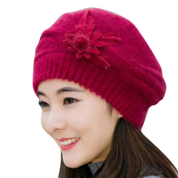 7857 Women\'s Winter Beret Hat Fleece Lined Soft Warm Beanie Cap With Flower main image 4